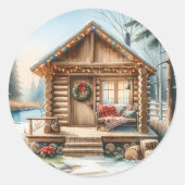 Sticker Rond Minuscule Cabine de journaux dans les Bois d'hiver (Devant)