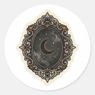 Sticker Rond Miroir Antique Gothique Halloween Gravure Vintage