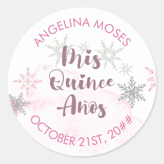 Sticker Rond Mis Quince Anos Pink et Silver Snowflake (Devant)