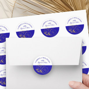 Sticker Rond Mis Quince Anos Royal Blue et Gold Floral