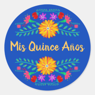 Sticker Rond Mis Quince Anos Royal Blue Mexican Fiesta Flowers
