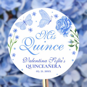 Sticker Rond Mis Quince Baby Blue Floral Quinceañera Classic