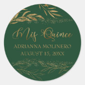 Sticker Rond Mis Quince Emerald Green et Gold Leaf 15 Anniversa (Devant)