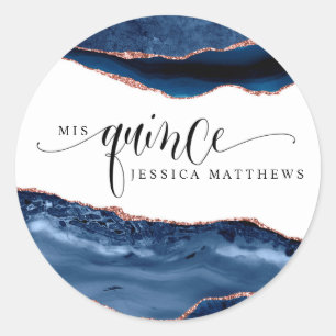 Sticker Rond Mis Quince, espagnol, bleu et Rose Gold Agate