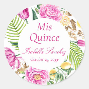 Sticker Rond Mis Quince Floral Roses Pivoines Citrons Quinceañe