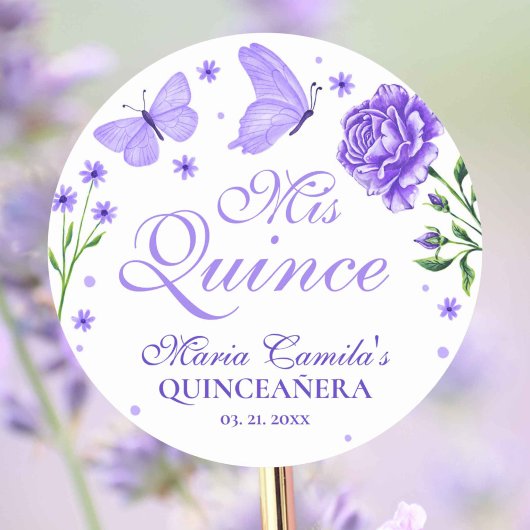 Sticker Rond Mis Quince Lilac Floral Violet Quinceañera