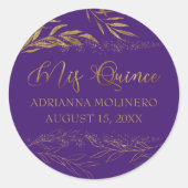 Sticker Rond Mis Quince Purple et Gold Leaf 15 Anniversaire (Devant)