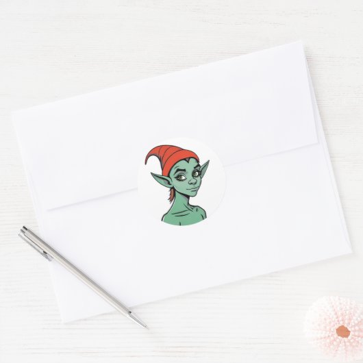 Sticker Rond Mischievous Green Elf / Goblin Cartoon Character (Enveloppe)