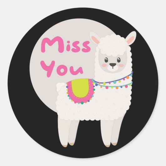 Sticker Rond Miss Kawaii drôle lama blanche avec texte rose (Devant)