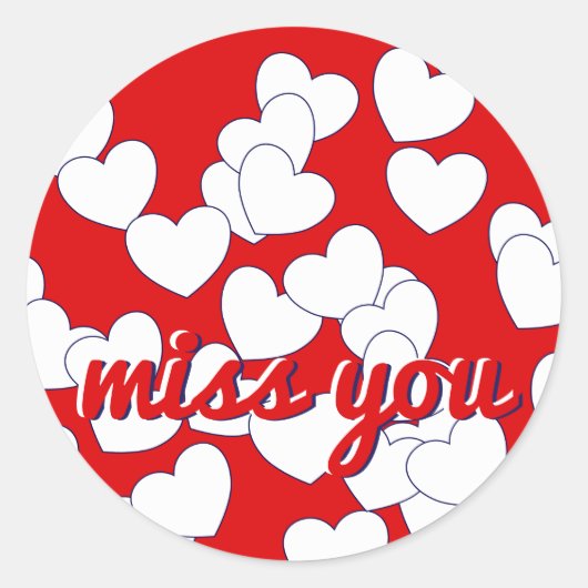 Sticker Rond 'miss you' - Rouge avec de mignons Coeurs d'amour (Devant)