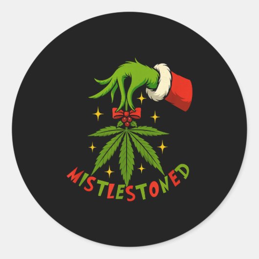Sticker Rond Mistlestoned Weed Leaf Funny Stoner Christmas (Devant)