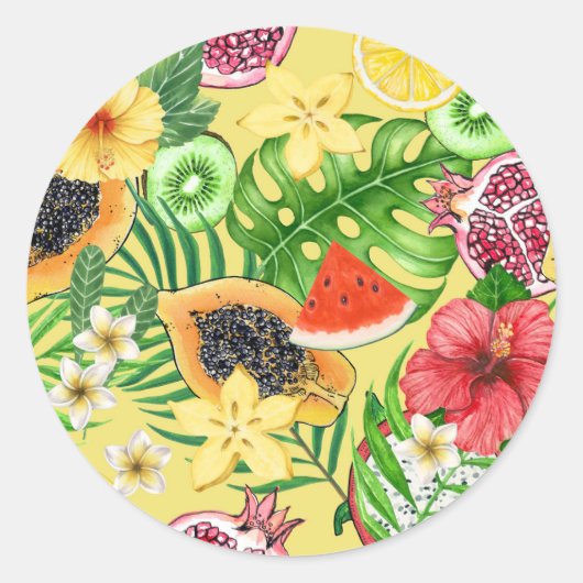 Sticker Rond Mix-fruit tropical, fleurs et feuilles sur jaune (Devant)