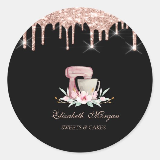 Sticker Rond Mixer Flowers Rose Gold Drips Bakery Black  (Devant)