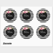 Sticker Rond Mme avec bandes et fleurs noires et blanches (Feuille)