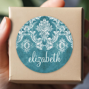 Sticker Rond Modèle de Damas gris turquoise Texte personnalisé