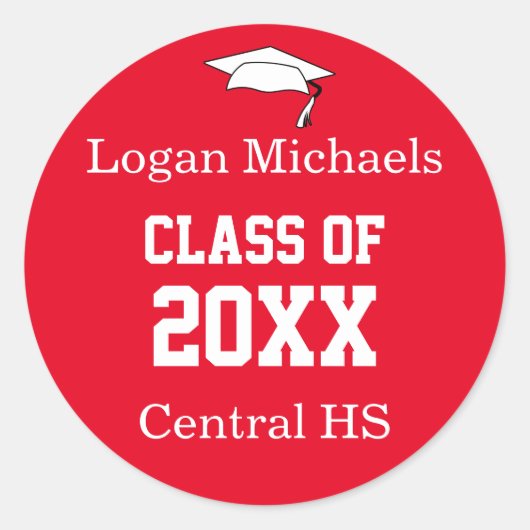 Sticker Rond Modèle de graduation blanc rouge personnalisé (Devant)