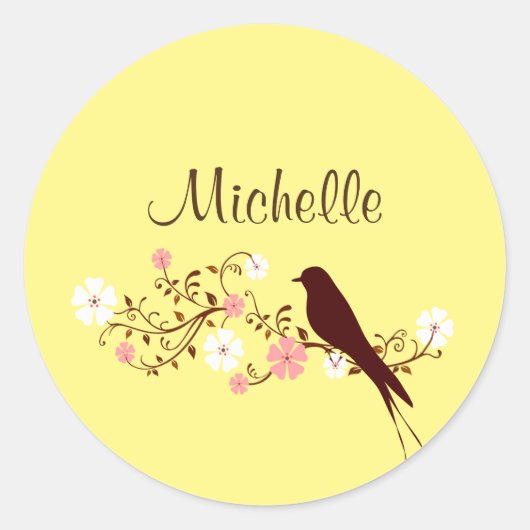 Sticker Rond Modèle de script avec joli oiseau fleuri détaillé (Devant)