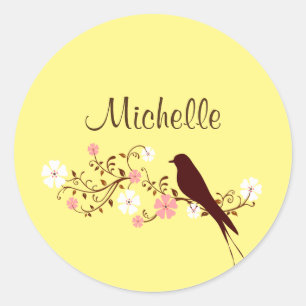 Sticker Rond Modèle de script avec joli oiseau fleuri détaillé