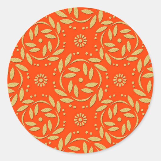 Sticker Rond Modèle Floral Orange et Or moderne (Devant)