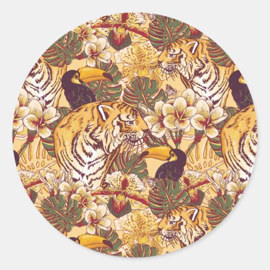 Sticker Rond Modèle floral tropical avec tigre (Devant)