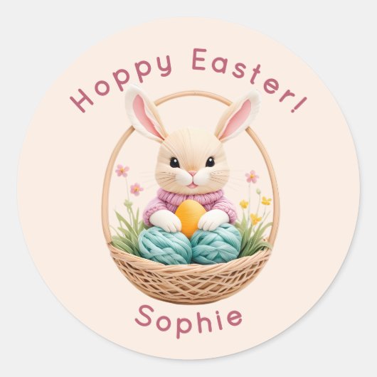 Sticker Rond Modern 3D Yarn Art Easter Bunny Personalized Stick (Devant)