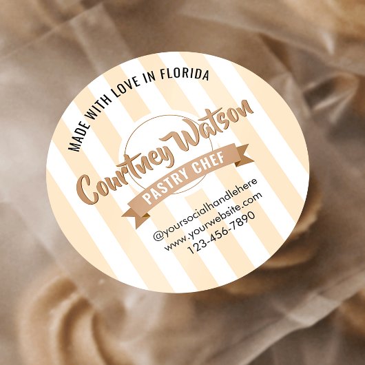 Sticker Rond Modern Beige Stripe Cake Bakery Pastry Chef