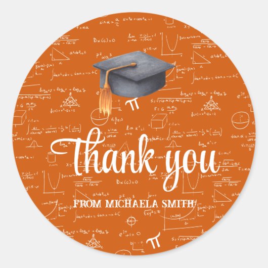 Sticker Rond Modern Black Cap Orange Math Graduation Thank You (Devant)
