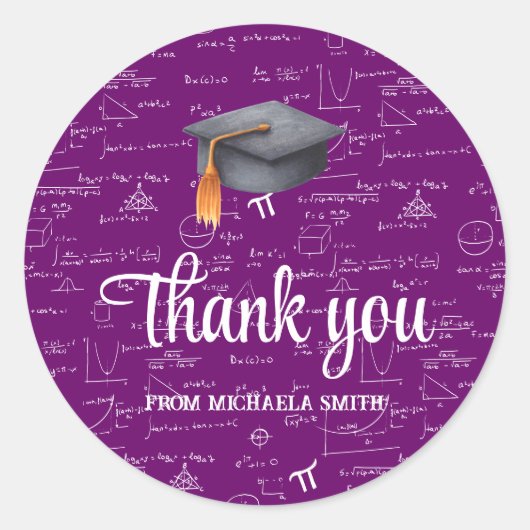 Sticker Rond Modern Black Cap Purple Math Graduation Thank You (Devant)