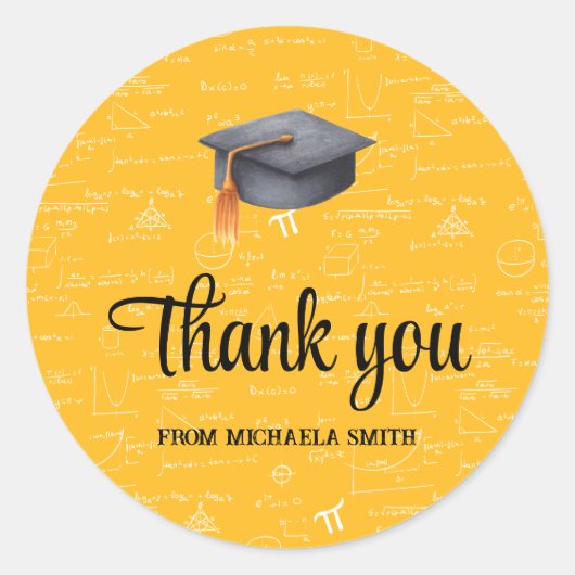 Sticker Rond Modern Black Cap Yellow Math Graduation Thank You (Devant)