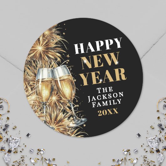 Sticker Rond Modern Black Gold Champagne New Year's Eve Party