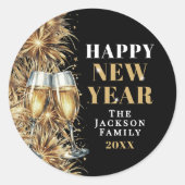 Sticker Rond Modern Black Gold Champagne New Year's Eve Party (Devant)
