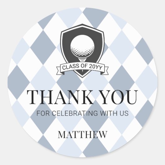 Sticker Rond Modern Blue and Black Golf Graduation Thank You (Devant)