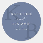 Sticker Rond Modern Blue Monogram Minimalist Wedding (Devant)