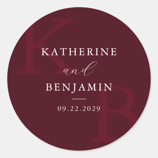 Sticker Rond Modern Burgundy Monogram Minimalist Wedding (Devant)