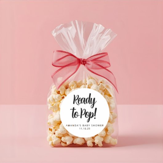 Sticker Rond Modern Custom Baby Shower Black Text Popcorn 