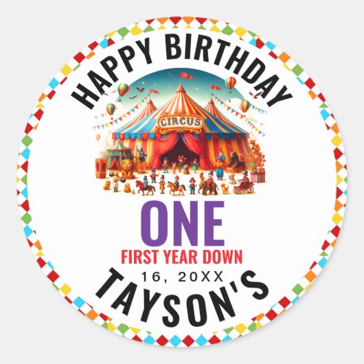 Sticker Rond Modern Cute Circus Carnival 1st Birthday (Devant)