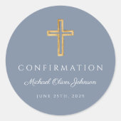 Sticker Rond Modern Dusty Blue Religious Cross Boy Confirmation (Devant)