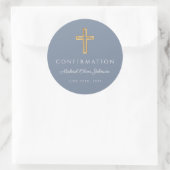 Sticker Rond Modern Dusty Blue Religious Cross Boy Confirmation (Sac)