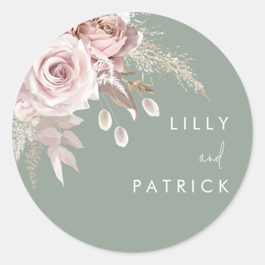 Sticker Rond Modern Dusty Rose Blush & Sage Wedding (Devant)