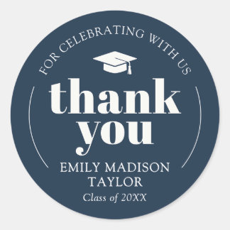 Sticker Rond Modern Elegant Graduation Thank You Navy Blue