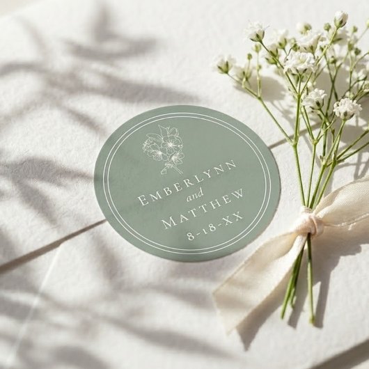 Sticker Rond Modern Elegant Sage Green Botanical Wedding