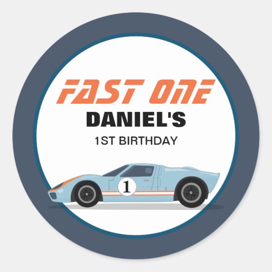 Sticker Rond Modern Fast One Race Car Boy 1er anniversaire (Devant)