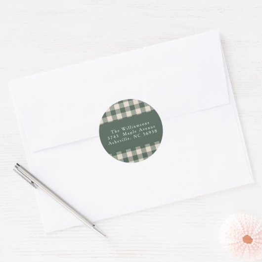 Sticker Rond Modern Forest Green Plaid Christmas Adresse de ret (Enveloppe)