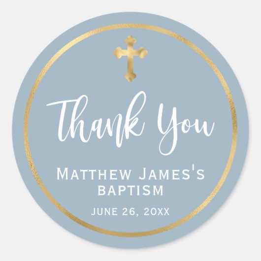 Sticker Rond Modern Gold Cross Light Dusty Blue Boy Baptism (Devant)