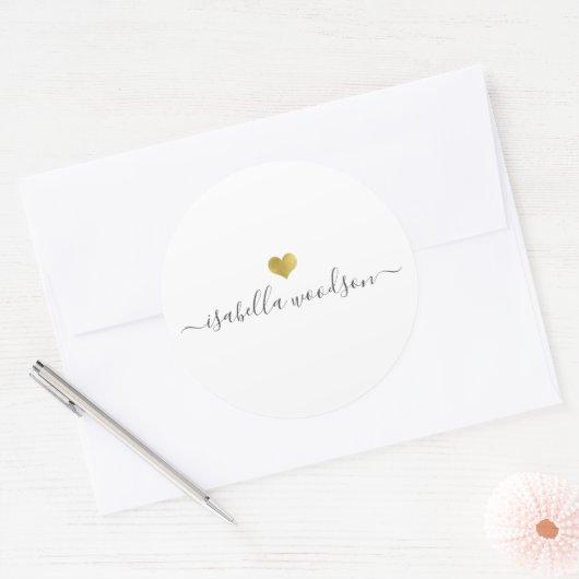 Sticker Rond Modern Gold Heart Script Name  (Enveloppe)