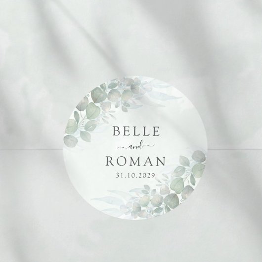 Sticker Rond Modern Green Eucalyptus Watercolor Wedding