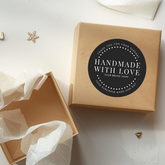 Sticker Rond Modern handmade with love black thank you