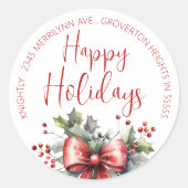 Sticker Rond Modern HAPPY HOLIDAYS Red Bow Adresse de retour (Devant)