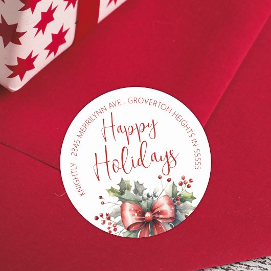 Sticker Rond Modern HAPPY HOLIDAYS Red Bow Adresse de retour