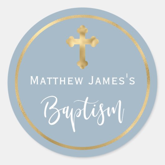Sticker Rond Modern Light Dusty Blue Gold Cross Boy Baptism (Devant)
